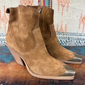 Cognac suede leather boots with brass decorative toe cap. New from Sundance.